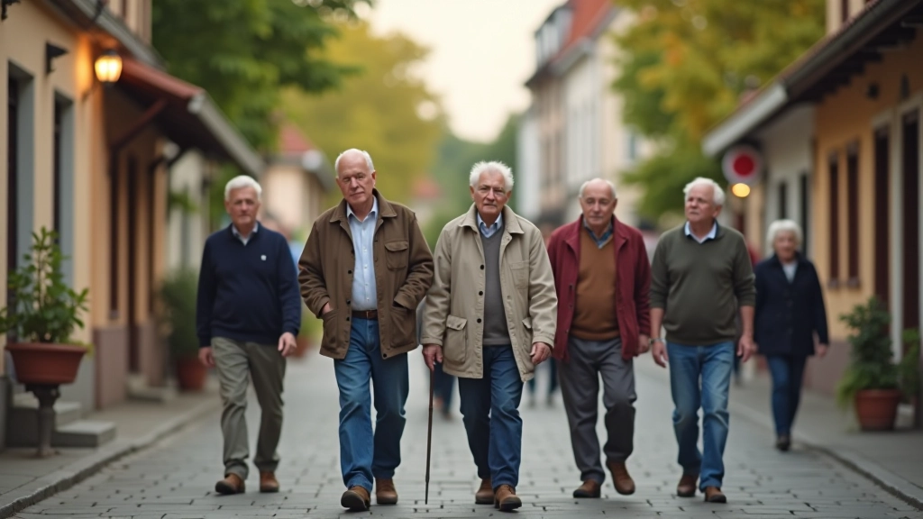 Pensininkų grupė žvalgosi senuose gatvėse