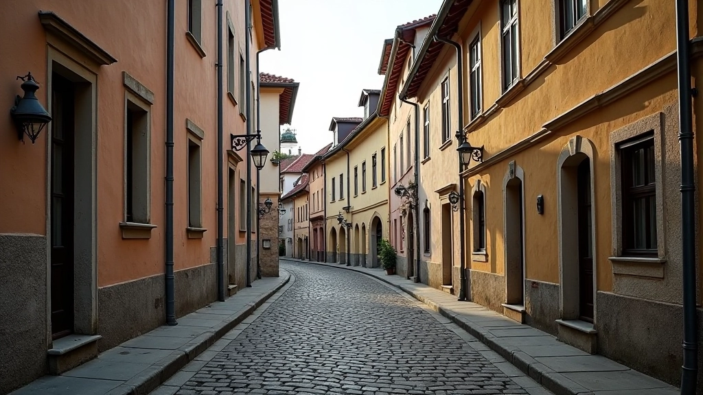 Senoji miesto gatvė su akmens namais ir istorine nuotaika, senovės Kėdainiai