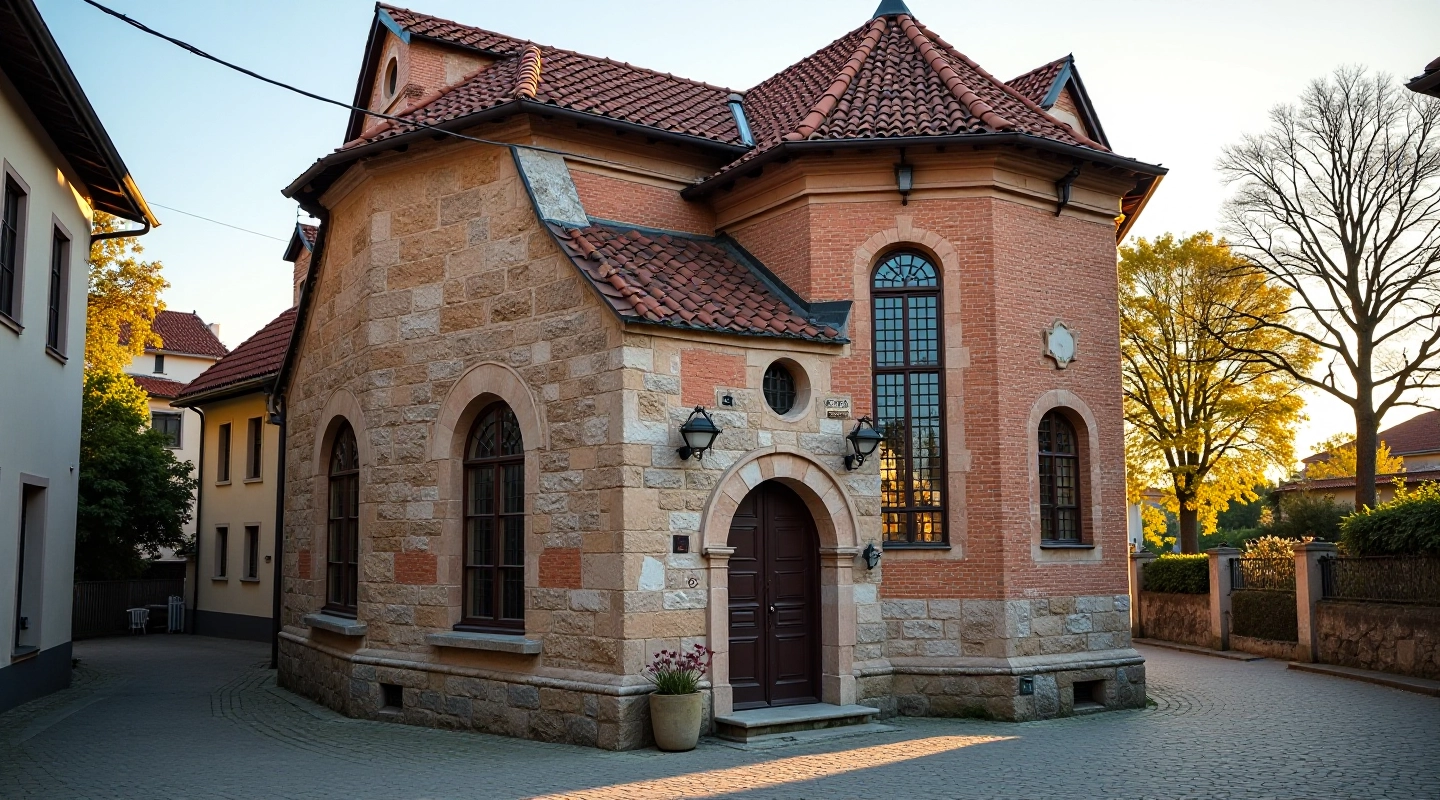 Sena sinagoga Kėdainiuose su tradicine architektūra ir mūrinėmis sienomis, pakeliu vedančiu per senus miesto kelius