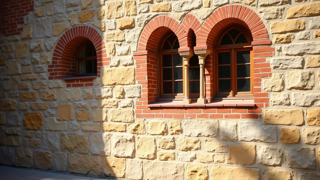 Senos sinagogos siena su išlikusiais mūro akmenimis ir arkliniais langais, šešėliai nuo medžių ant šonų