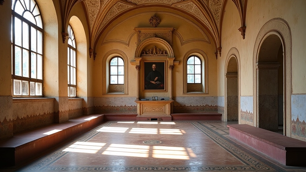 Sinagogos vidaus erdvė su likutine grindų plytele, viršuje atvertos vietos žiemą